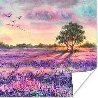 PosterMonkey Poster Lavendel - Verf - Vogels - Bomen - Paars - 30x30 cm