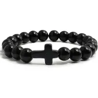 Memphis Kralen Armband met Natuursteen Kruis - Glanzend Zwart