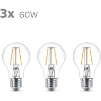 Philips lamp - Standaard lampvorm met E27 fitting - Warmwit licht: 2700K - 60W - Helder glas - 3-pack