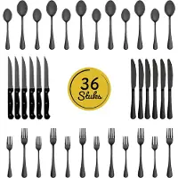LW Collection bestekset 6 persoons 36 stuks Zwart - bestek set zwart vaatwasserbestendig - Lepels, Messen, Vorken & Steakmessen