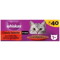 Whiskas 4x 1+ Natvoer - Classic - Selectie in saus - maaltijdzakjes 40 x 85 g