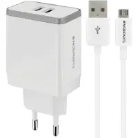 Mobiparts USB-A thuislader met 2 poorten en losse USB Micro B kabel - Smart IC - 4,8A / wit - 1 meter