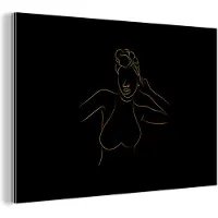 MuchoWow Wanddecoratie Metaal - Aluminium Schilderij Industrieel - Vrouw - Zwart - Goud - Line art - 180x120 cm - Dibond - Foto op aluminium - Industriële muurdecoratie - Voor de woonkamer/slaapkamer