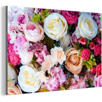 MuchoWow Wanddecoratie Metaal - Aluminium Schilderij Industrieel - Rozen - Wit - Roze - 180x120 cm - Dibond - Foto op aluminium - Industriële muurdecoratie - Voor de woonkamer/slaapkamer