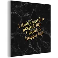 MuchoWow Wanddecoratie Metaal - Aluminium Schilderij Industrieel - Quotes - Happy - Goud - Marmer - 90x90 cm - Dibond - Foto op aluminium - Industriële muurdecoratie - Voor de woonkamer/slaapkamer