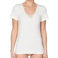 Entex dames thermo shirt korte mouw met kant - Wollen thermisch ondergoed dames - Crème / XL - Creme