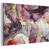 MuchoWow Wanddecoratie Metaal - Aluminium Schilderij Industrieel - Marmer - Rood - Paars - Goud - 60x40 cm - Dibond - Foto op aluminium - Industriële muurdecoratie - Voor de woonkamer/slaapkamer