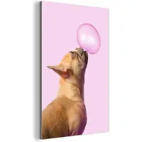 MuchoWow Wanddecoratie Metaal - Aluminium Schilderij Industrieel - Hond - Dieren - Kauwgom - Roze - 60x90 cm - Dibond - Foto op aluminium - Industriële muurdecoratie - Voor de woonkamer/slaapkamer