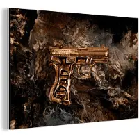 MuchoWow Wanddecoratie Metaal - Aluminium Schilderij Industrieel - Pistool - Goud - Rook - 120x80 cm - Dibond - Foto op aluminium - Industriële muurdecoratie - Voor de woonkamer/slaapkamer