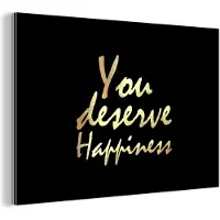MuchoWow Wanddecoratie Metaal - Aluminium Schilderij Industrieel - Quotes - Happy - Goud - Zwart - 90x60 cm - Dibond - Foto op aluminium - Industriële muurdecoratie - Voor de woonkamer/slaapkamer