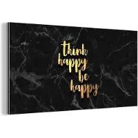 MuchoWow Wanddecoratie Metaal - Aluminium Schilderij Industrieel - Quote - Happy - Goud - Marmer - 40x20 cm - Dibond - Foto op aluminium - Industriële muurdecoratie - Voor de woonkamer/slaapkamer