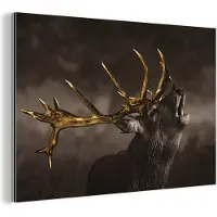 MuchoWow Wanddecoratie Metaal - Aluminium Schilderij Industrieel - Hert - Black - Gold - 120x80 cm - Dibond - Foto op aluminium - Industriële muurdecoratie - Voor de woonkamer/slaapkamer