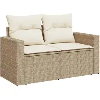 vidaXL Tuinbank met kussens, 2-zits, beige, van polyrotan