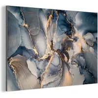 MuchoWow Wanddecoratie Metaal - Aluminium Schilderij Industrieel - Marmer - Grijs - Blauw - Luxe - Goud - 120x80 cm - Dibond - Foto op aluminium - Industriële muurdecoratie - Voor de woonkamer/slaapkamer