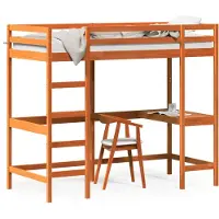 vidaXL Hoogslaper met bureau massief grenenhout wasbruin 90x200 cm