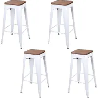 Urban Living SET X 4 BARKRUKKEN IN MAT WIT METAAL MET HOUTEN ZITTING 42,5X42,5X77CM