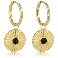 My Bendel - Goudkleurige Oorbellen Onyx Zonnetje - Stralende Zon Onyx Oorringen - Goudkleurige Oorring - met Luxe Cadeauverpakking | Sieraden Voor Dames