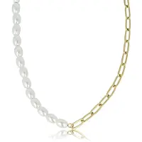 My Bendel - Goudkleurige Schakelketting met Ovale Witte Parels - met Luxe Cadeauverpakking | Sieraden Voor Dames