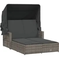 vidaXL Ligbed 2-persoons met luifel en kussens poly rattan grijs