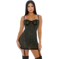 Erotic Treasure Forplay - Gedrapeerd met diamanten strass Chemise Set - zwart