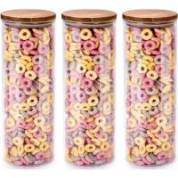 Alpina Voorraadpot/bewaarpot Foodking - 3x - borosilicaat glas - 1650 ml - glas/hout - D9.5 x H27 cm - voedsel bewaren