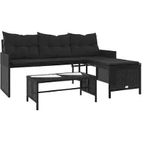vidaXL Tuinbank met tafel en kussens L-vormig poly rattan zwart