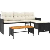 vidaXL Tuinset met L-vormige bank, tafel en kussens, zwart, van polyrotan