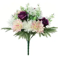 Louis Maes Kunstbloemen boeket roos/dahlia - paars/creme - H36 cm - Bloemstuk - Bladgroen - Kunstbloemen
