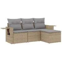 vidaXL 4-delige Loungeset met kussens poly rattan beige
