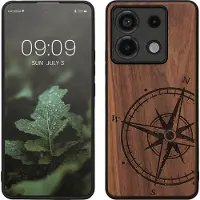 Kwmobile telefoonhoesje geschikt voorXiaomi Redmi Note 13 Pro 5G / Poco X6 5G - Hoesje met bumper - hout - In donkerbruin Vintage Kompas design