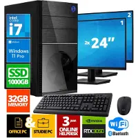 Screenon Intel Compleet PC + 2 x 24" Monitor + Muis & Toetsenbord | Intel Core i7 | 32 GB DDR4 | 1 TB SSD | RTX 3050 | Windows 11 Pro + WiFi & Bluetooth