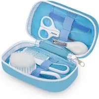 Akuku babyverzorgingsset voor pasgeboren kinderen roze/blauw 5-delig met nagelschaartje, nagelknipper, borstel, kam en nagelvijl in een klein etui blauw Blauw