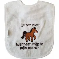 Funnies Witte slab met "Ik ben hier! Wanneer krijg ik mijn paard?" - paardrijden, manege, paardje, paarden