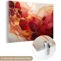 MuchoWow Glasschilderij 180x120 cm - Schilderij acrylglas - Marmer - Rood - Goud - Modern - Abstract - Foto op glas - Schilderijen