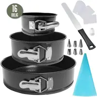 Coock - 16-delig Ronde Springvorm Set - Bakset - Taartvorm 10 T/M 24CM - Bakvorm met Anti Aanbaklaag - Taart decoratie set - Cake bakgerei - Paletmes - Deegschrapers - Spuitzak met Spuitmondjes