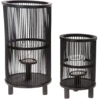 HBX natural living Lantaarnset Saigon 2-delig zwart met glazen inzet groot H36 Ø21cm ( excl.pootjes 5 cm) en klein H22cm Ø17cm ( excl.pootjes 5cm )