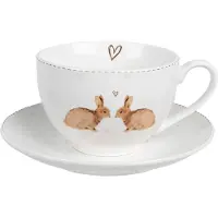 Clayre & Eef Kop en Schotel 250 ml Wit Bruin Porselein Wit