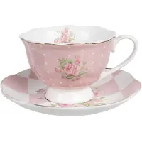 Clayre & Eef Kop en schotel 200 ml Roze Wit Porselein Rozen Roze