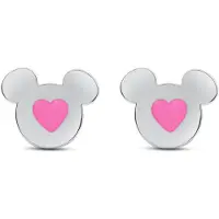 Disney 4-DIS049 Mickey Mouse Oorbellen - Mickey Oorknopjes - Sieraden - 7,2x7,7mm - Roze Hartje - Staal - Hypoallergeen - Zilverkleurig