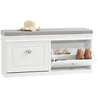 SoBuy Schoenenkast met 2 Kleppen en Zitkussen – Schoenenrek en Zitbank voor Hal of Entree – Wit – 104x52x24 cm