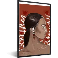PosterMonkey Fotolijst incl. Poster - Portret - Vrouw - Rood - Bloemen - 80x120 cm - Posterlijst