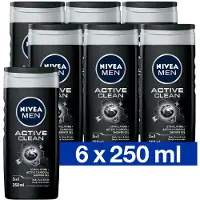 Nivea MEN Active Clean Douchegel Mannen - 3-in-1 Shower Gel Met natuurlijk actief houtskool - Shampoo - Voordeelverpakking - 6 x 500 ml