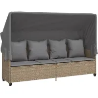 vidaXL - Ligbed - met - luifel - en - kussen - poly - rattan beige
