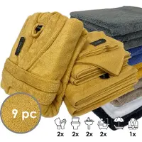 ISleep Terry Badtextiel - Voordeelset (9 delig) - 1x Badjas - Maat M - 2x Washandje 16x22 cm - 2x Gastendoekje 30x50 cm - 2x Handdoek 60x110 cm - 2x Badlaken 70x140 cm - Oker