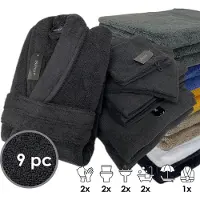 ISleep Terry Badtextiel - Voordeelset (9 delig) - 1x Badjas - Maat XL - 2x Washandje 16x22 cm - 2x Gastendoekje 30x50 cm - 2x Handdoek 60x110 cm - 2x Badlaken 70x140 cm - Zwart