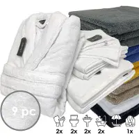 ISleep Terry Badtextiel - Voordeelset (9 delig) - 1x Badjas - Maat L - 2x Washandje 12x22 cm - 2x Gastendoekje 30x50 cm - 2x Handdoek 60x110 cm - 2x Badlaken 70x140 - Wit