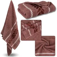 Sarcia.eu Koraalkleurige Katoenen Handdoek met Decoratief Borduursel, Bladeren, zacht, compact formaat 48x100 cm