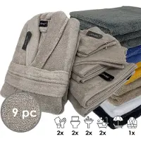 ISleep Terry Badtextiel - Voordeelset (9 delig) - 1x Badjas - Maat M - 2x Washandje 16x22 cm - 2x Gastendoekje 30x50 cm - 2x Handdoek 60x110 cm - 2x Badlaken 70x140 cm - Taupe