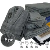 ISleep Terry Badtextiel - Voordeelset (9 delig) - 1x Badjas - Maat S - 2x Washandje 16x22 cm - 2x Gastendoekje 30x50 cm - 2x Handdoek 60x110 cm - 2x Badlaken 70x140 cm - Antraciet