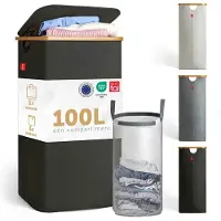 Blumtal Wasmand 100L - Wasmand met uitneembare waszak - Smalle wasmand - Flesverzamelaar - Wasmand met deksel - Zwart